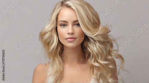 Portrait of young beautiful woman with gorgeous healthy dark blonde wavy long hair	