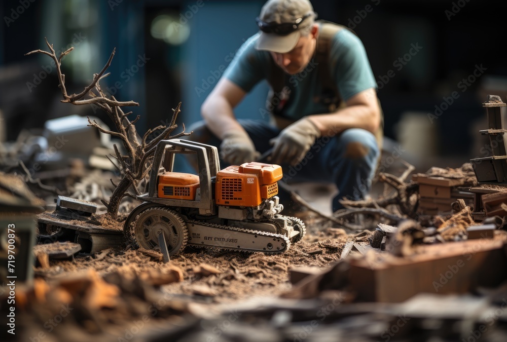 A man in rugged outdoor clothing carefully uses a power saw to create a land vehicle with wheels, resembling a tree, showcasing his determination and craftsmanship A man in rugged outdoor clothing carefully uses a power saw to create a land vehicle with wheels, resembling a tree, showcasing his determination and craftsmanship