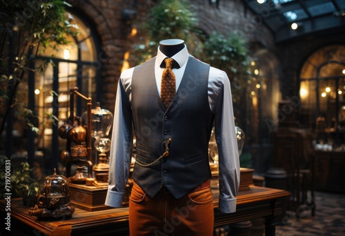 A sharply dressed mannequin stands confidently in a grand building, showcasing the perfect combination of formal wear and fashion, ready for a stylish wedding or indoor/outdoor event