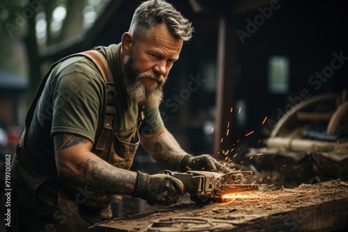 A skilled artisan clad in sturdy clothing stands in his outdoor workshop, using his trusty tools to shape molten metal into works of art