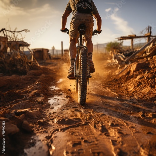 Amidst the rugged terrain, a fearless rider conquers the earth and sky on their off-road bike, leaving a trail of mud and determination in their wake