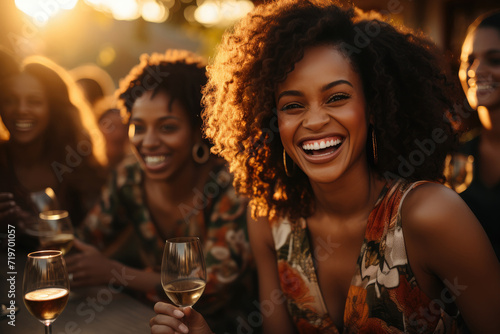 A jubilant gathering of elegant women celebrating with sparkling champagne and radiant smiles, dressed in stylish clothing and holding delicate wine glasses in an intimate indoor setting