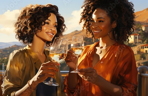 Two women clad in elegant clothing smile while standing under the open sky, each holding a delicate wine glass, indulging in a moment of pure joy and relaxation photo