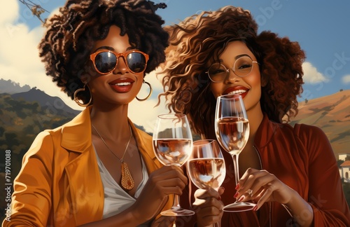 Joyful women sipping wine under the sun, dressed in trendy clothing and stylish sunglasses, with the majestic mountains as their backdrop