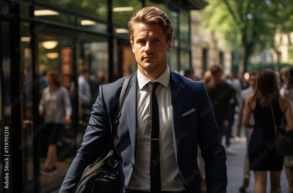 A sharply dressed gentleman confidently strides down the busy city street, his blazer and tie adding a touch of sophistication to his otherwise casual surroundings