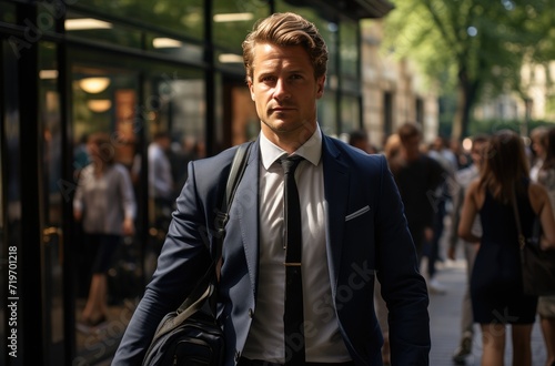 A sharply dressed gentleman confidently strides down the busy city street, his blazer and tie adding a touch of sophistication to his otherwise casual surroundings © LifeMedia