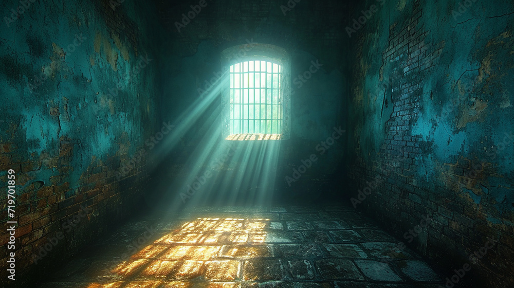 Light coming in from the jail cell window - obrazy, fototapety, plakaty 