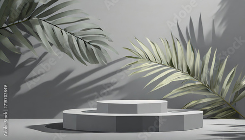 3d gray background product display podium scene with leaf shadow platform. grey background vector 3d render with podium. stand to show cosmetic product. Stage showcase on pedestal display