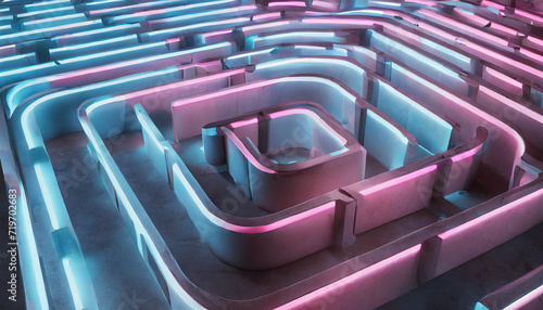 3d render, abstract background. Pink blue bright neon light inside the labyrinth, ultraviolet maze glowing in the dark. Energy concept