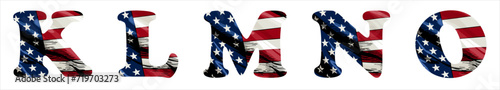 Vector font on background 
of national flag of usa.
A set of letters of english alphabet KLMNO with
american pattern of stars and stripes for
clothing, fabric, textile, paper, inscription on t-shirt.