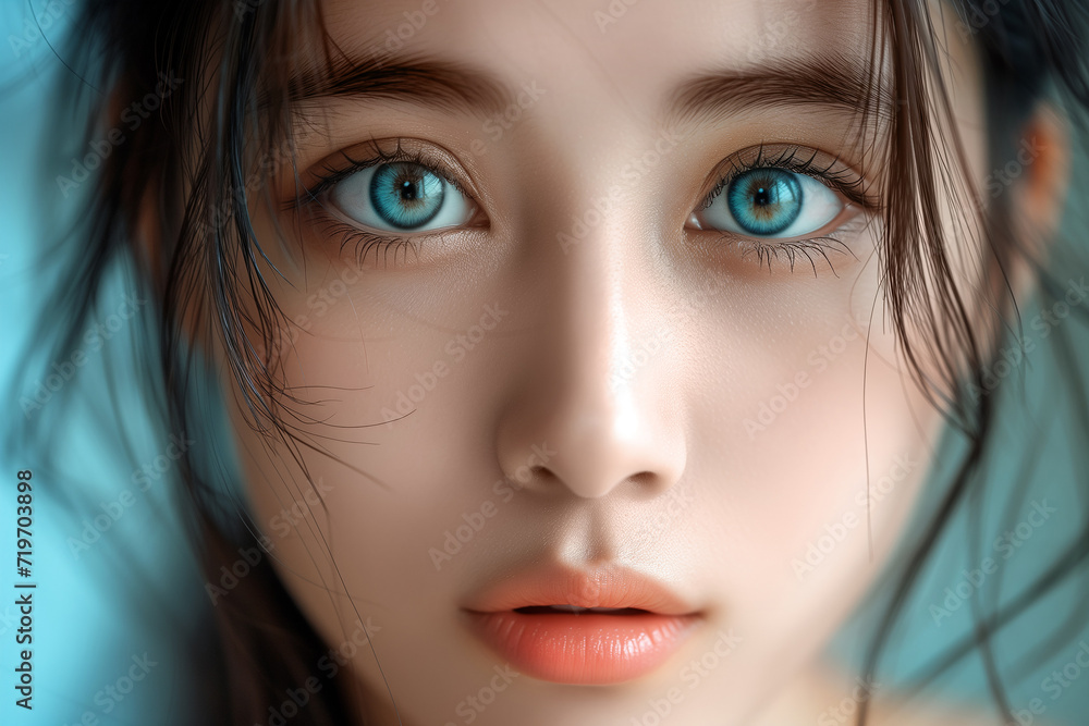 Fototapeta premium Close-up portrait of beautiful young woman with big bright blue eyes.