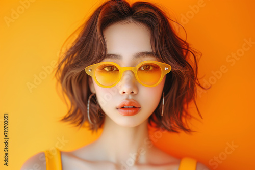 Close-up portrait of asian fashion model in orange sunglasses on an orange background.