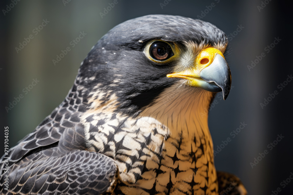 Close up macro of peregrine falcon, bird of pray on blurred background Close up macro of peregrine falcon, bird of pray on blurred background