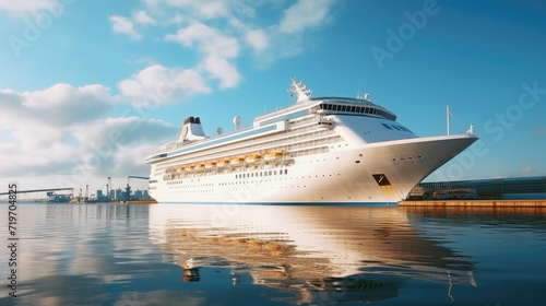 A modern  white cruise ship near the pier  side view. Travel and vacation