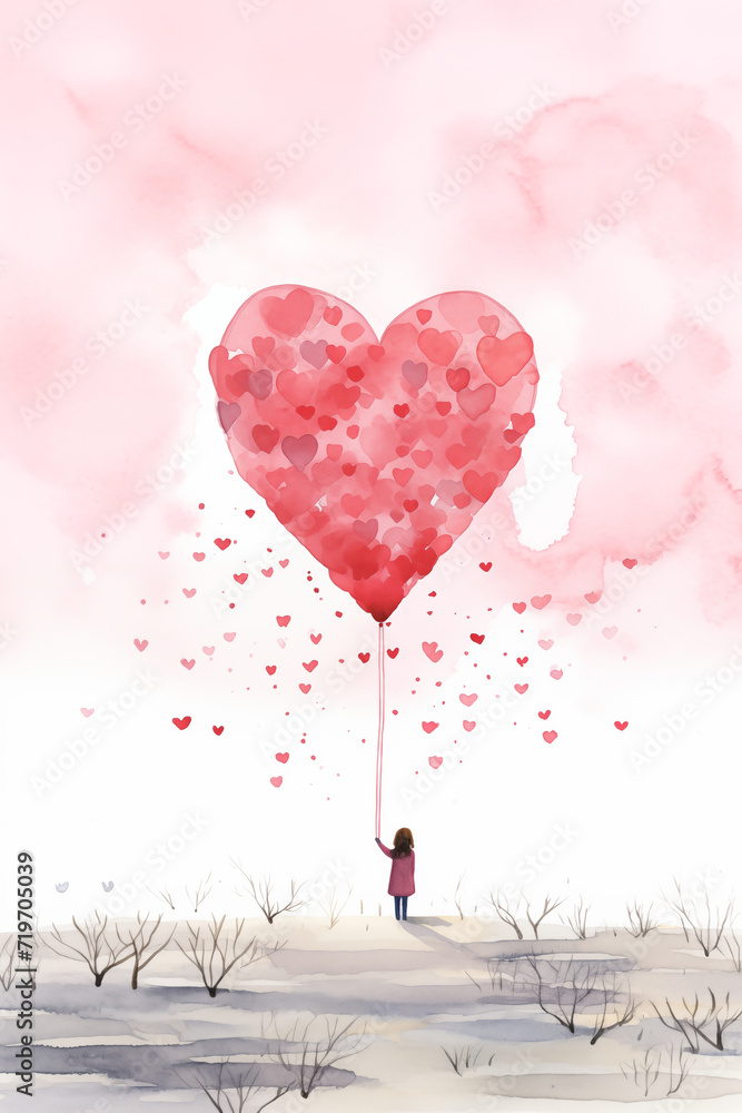 Red and pink, heart shaped background for Valentine's Day card or wallpaper. Heart shaped balloons and petals. Beautiful background, love and romance concept.
