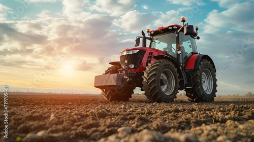 Tractor for farm work, modern agricultural transport working in the field, modern tractor close-up  photo