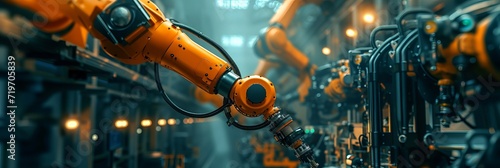 An automatic welding robot with a mechanical orange arm works in a contemporary auto parts factory. photo