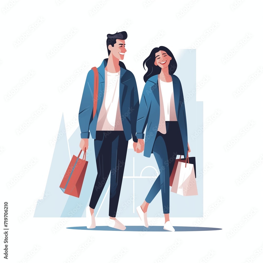 Vector illustration: Loving couple, embraced, with a smile goes shopping, having fun in the store