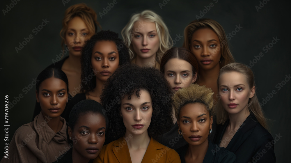 A powerful ensemble of women from various ethnicities and religions, standing together in solidarity, adorned in dark hues against a striking black backdrop A powerful ensemble of women from various ethnicities and religions, standing together in solidarity, adorned in dark hues against a striking black backdrop