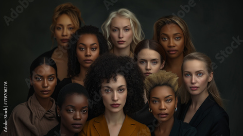 A powerful ensemble of women from various ethnicities and religions, standing together in solidarity, adorned in dark hues against a striking black backdrop