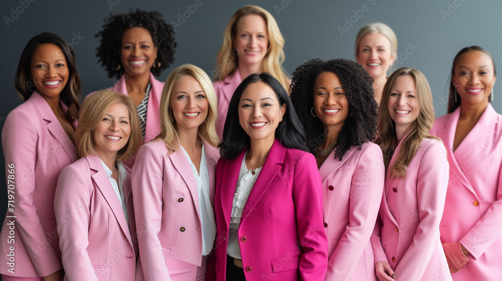 A powerful group of professional businesswomen, dressed in radiant pink attire, standing together in solidarity for cancer awareness