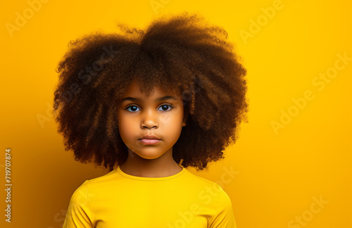 Studio portrait of young black little girl with yellow background.