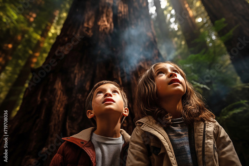 Young girl and boy looking up at giant Redwood tree in forest. photo