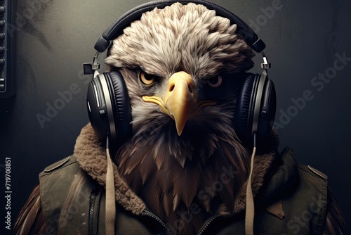 Serious eagle aviator style in big headphones in suit listening to music. Big yellow beak. Dark grey background. Generative AI.

 photo