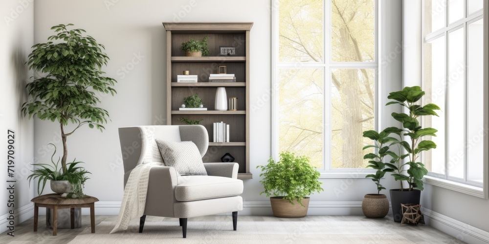 Fototapeta premium Transitional living room with gray chair, neutral shelves, rug, and plants near window.