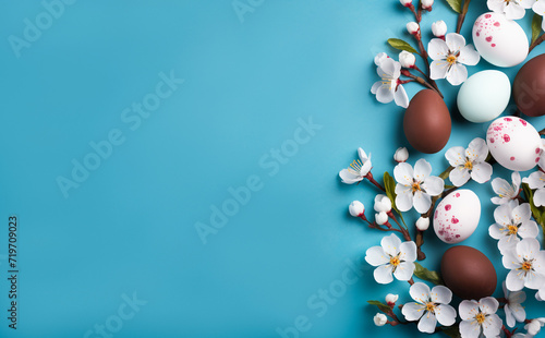 Easter eggs with cherry blossoms on a blue background  banner  copy space for text