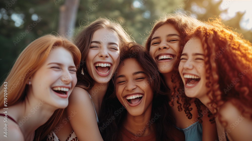 A group of diverse and happy friends enjoying each other's company, spreading joy and laughter A group of diverse and happy friends enjoying each other's company, spreading joy and laughter