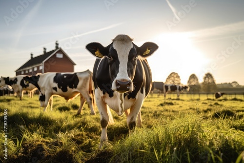 Holstein Friesian cow farm during golden hour with cows peacefully grazing in a vast