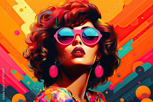 Retro girl with vibrant clothing, sunglasses, and immersed in the ambiance of a 80s-90s disco club