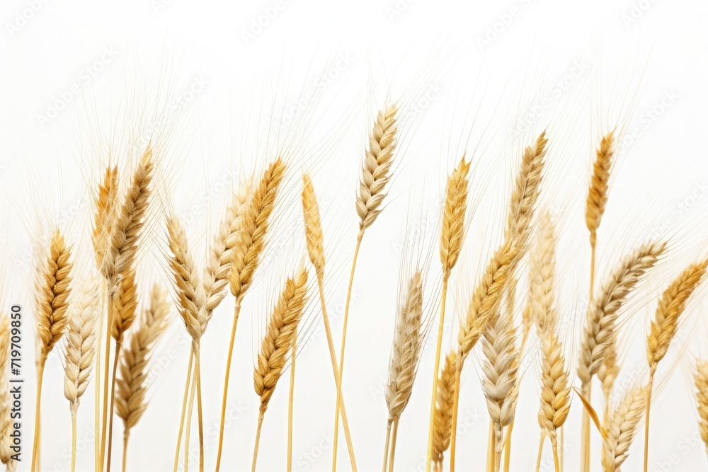 Golden wheat ears proudly swaying set against a backdrop of pure white. Golden wheat ears proudly swaying set against a backdrop of pure white.