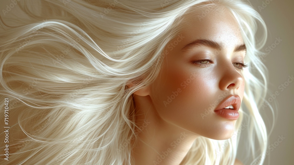 Naklejka premium Young woman with long beautiful blonde hair. Glossy wavy white hair. Beauty and cosmetics