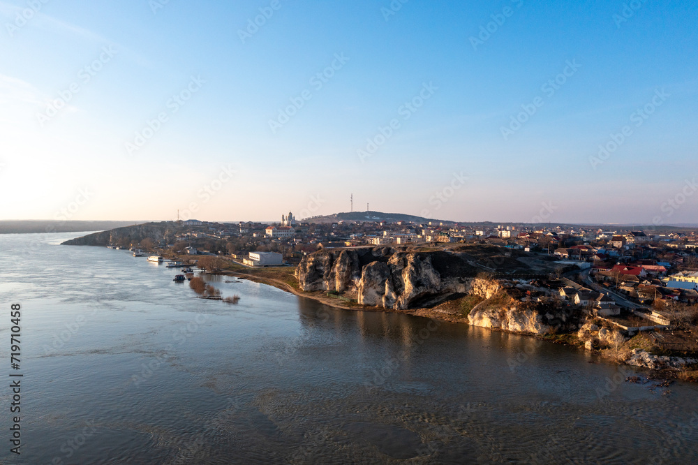 Medieval Danube Charm: Aerial Capture of Old Castle Structure