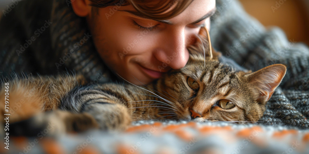 A handsome man hugging his cute cat A handsome man hugging his cute cat