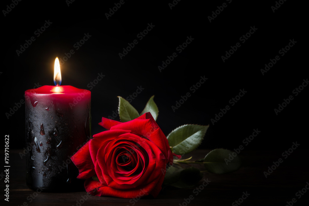 Fototapeta premium Red Rose and Candle on Black Background Copy Space