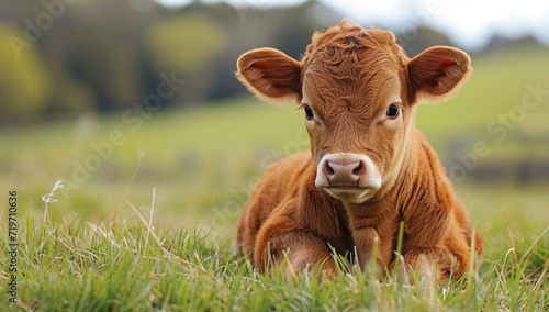 little calf sitting on the grass Generative AI © Serega