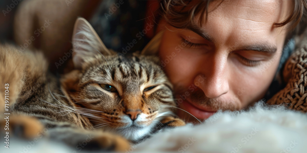 A handsome man hugging his cute cat A handsome man hugging his cute cat