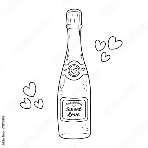 Vector illustration of champagne bottle for valentine's day. Sketch of festive bottle and hearts. Colouring book page