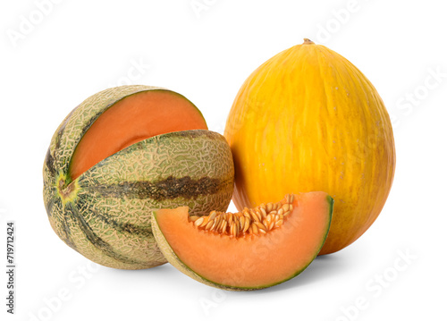 Tasty ripe melons on white background