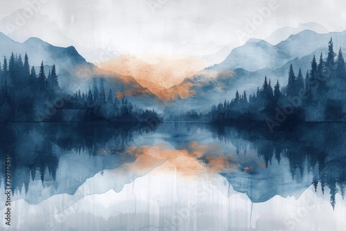 abstract watercolor and acrylic modern trendy landscape in indigo, brown and white colors. Modern wall art with a blend of pale blue and warm orange hues, creating a minimalist yet expressive design.. photo