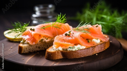 Toast with salmon and dill on a dark background