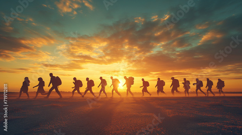Group of People Walking Across Beach at Sunset
