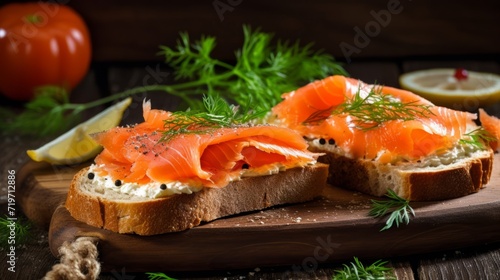 Toast with salmon and dill on a wooden background