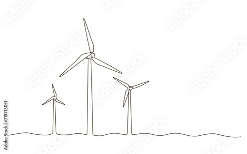 Wind farm turbine alternative energy at the sea continuous one line drawing. Renewable source energy concept vector illustration in doodle style. Contour line sign for innovation, environment design