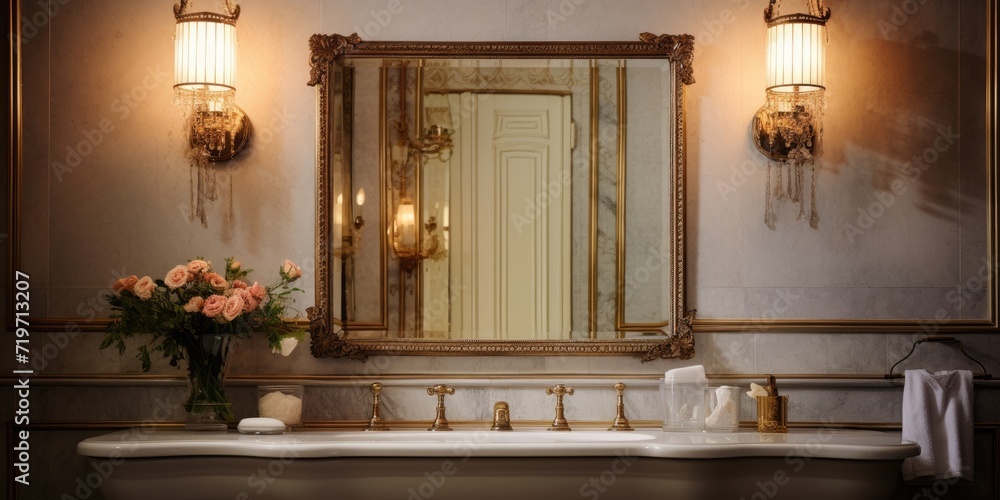 Antique mirror and vintage wall sconces adorn the bathroom, creating an elegant and artistic interior. - obrazy, fototapety, plakaty 
