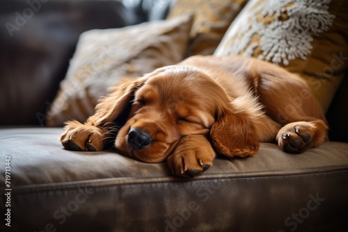 Cute Cocker Spaniel Puppy Sleeping on Sofa. Retriever puppy sleeping on a sofa at home. Peaceful nap of a puppy at home.