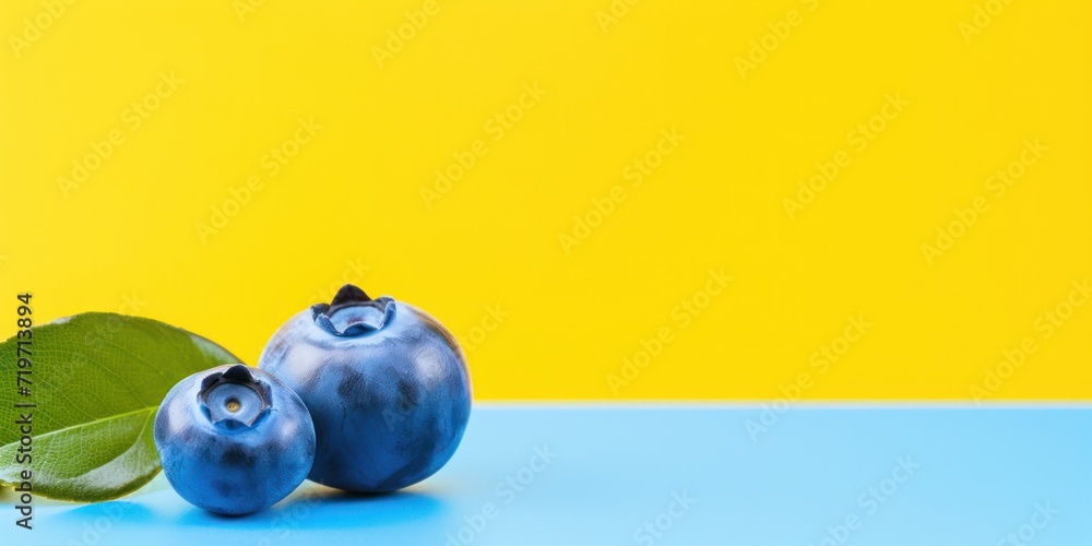 Ripe Blueberry on Yellow Background and Blue Surface. Wild Berry, Vegetarian Sweet Food. Generative AI